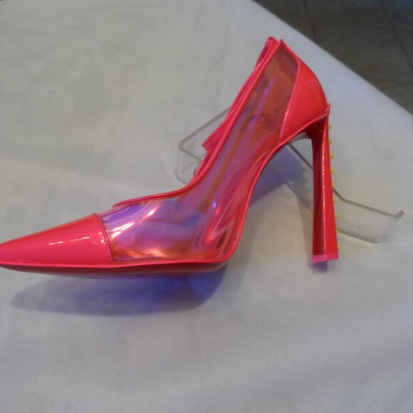 New Christian Louboutin Neon Pink PVC Studded Heel Mary Jane Pumps – IT 38.5B - Picture 7 of 16